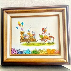 𝅺Vintage R Smith Signed Frame Canvas Hand Oil painting Art Teddy Bear room decor